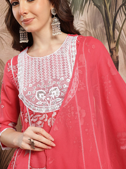 Floral Printed Sequinned & Thread Work Detail A-Line Kurta with Trousers & Dupatta - Amy's Cart