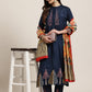 Floral Embroidered Kantha Work Kurta With Trousers & Dupatta