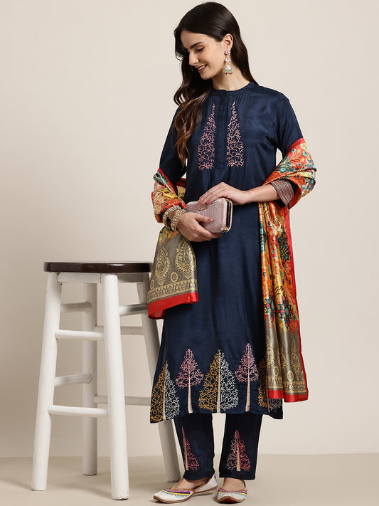 Floral Embroidered Kantha Work Kurta With Trousers & Dupatta