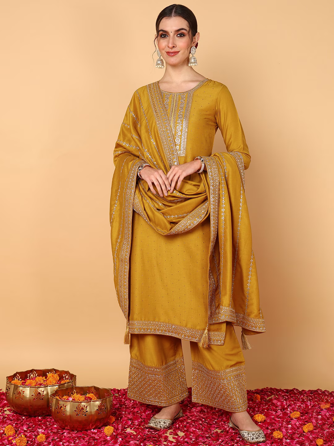 Floral Embroidered Regular Kurta & Palazzos With Dupatta