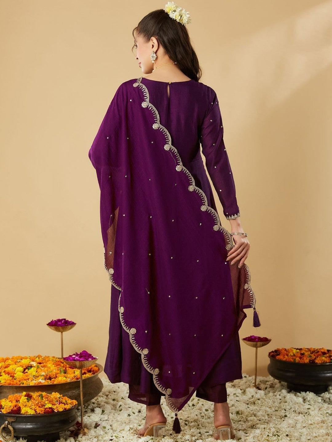 Women Woven Design Embroidered Anarkali Kurta with Trousers & Dupatta