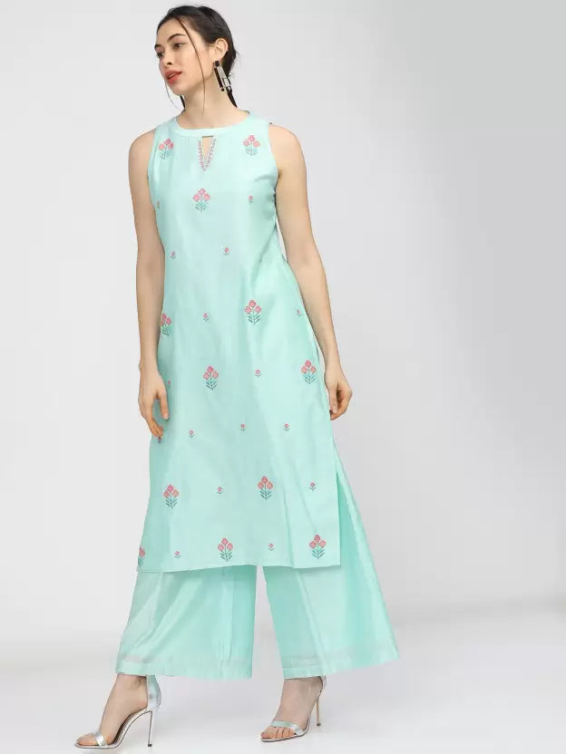 Women Blue Cotton Blend Kurta Palazzo Set