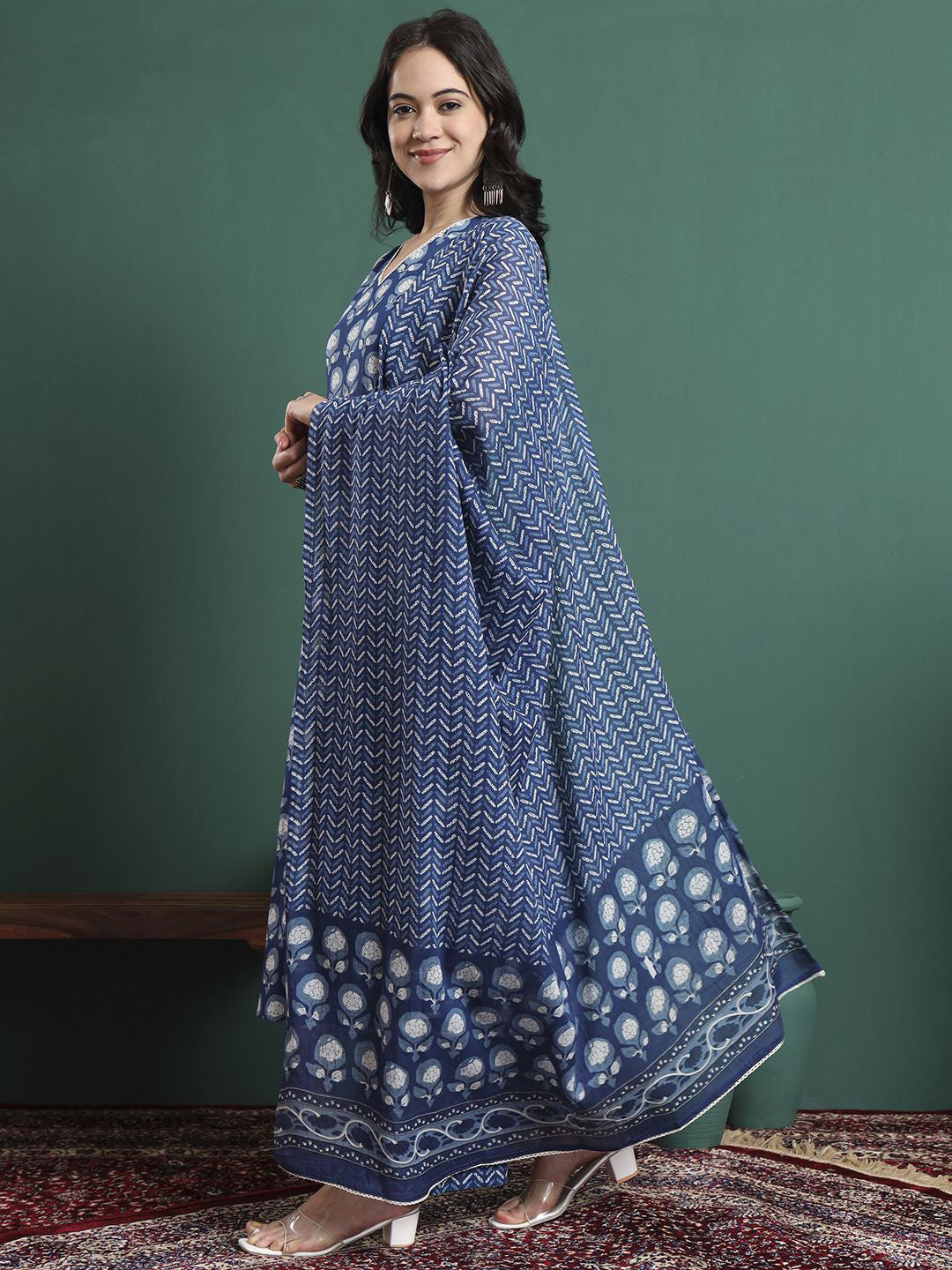 Women Floral Printed Cotton Kurta with Trousers & Dupatta