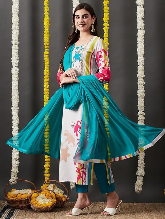 Women's Cotton Blend Kurta with Pant & Dupatta