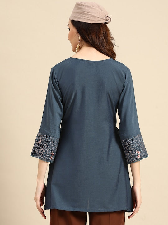 Teal Blue Embroidered Longline Top