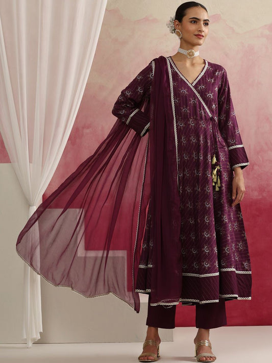 Floral Printed V-Neck Angrakha Thread Work Kurta With Palazzos & Dupatta