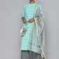 Women Green & Silver-Toned Printed Kurta with Palazzos & Dupatta