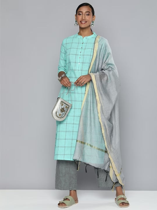 Women Green & Silver-Toned Printed Kurta with Palazzos & Dupatta