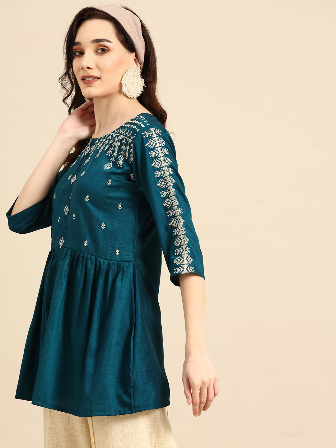 Teal Embroidered Cinched Waist Longline Top