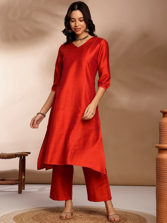 V Neck Three Quarter Sleeves A Line Kurta With Palazzos