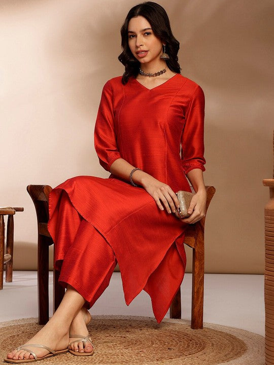 V Neck Three Quarter Sleeves A Line Kurta With Palazzos