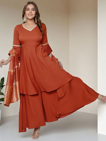 Women Printed Regular Pure Silk A-Line Kurta with Trousers & With Dupatta
