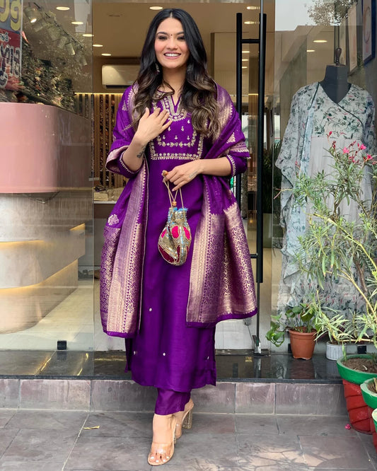 Women Purple Cotton Rayon Kurta Pant Dupatta Set