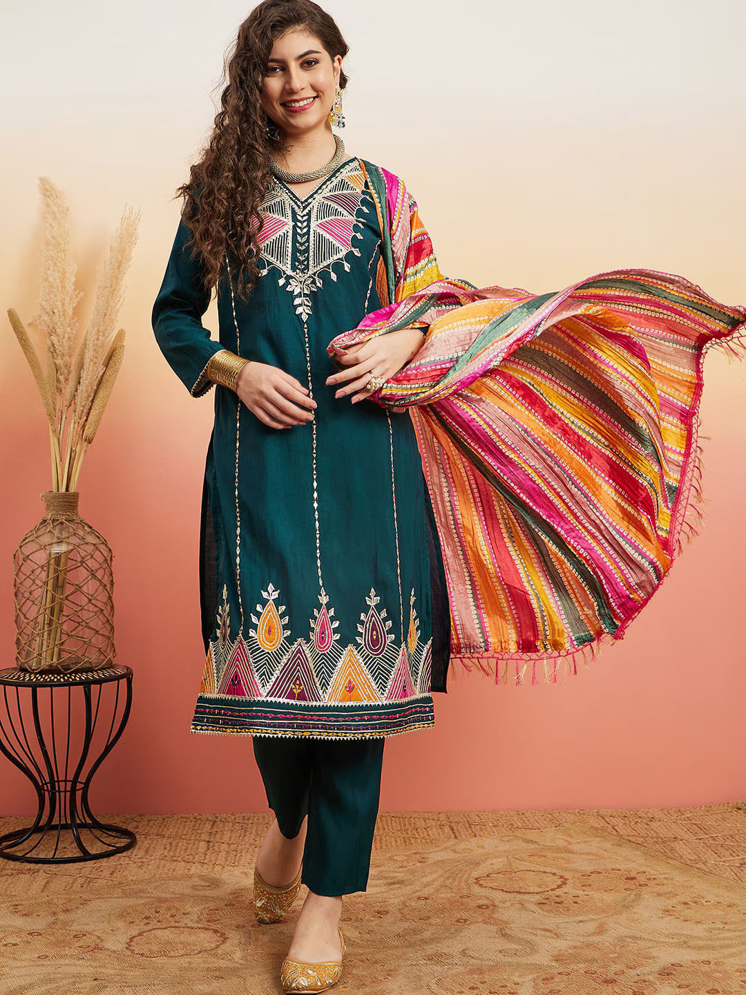 Teal Ethnic Motifs Embroidered Gotta Patti Straight Kurta With Trouser & Dupatta