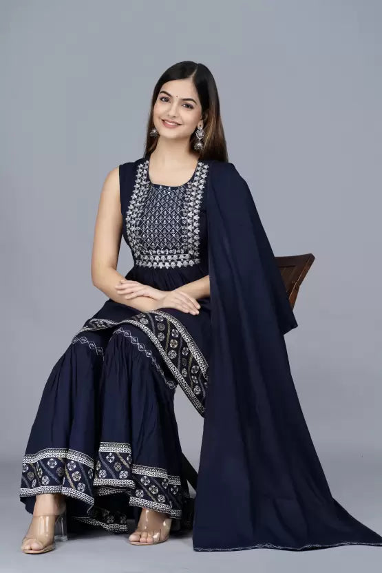 Women Blue Cotton Blend Kurta Sharara Dupatta Set