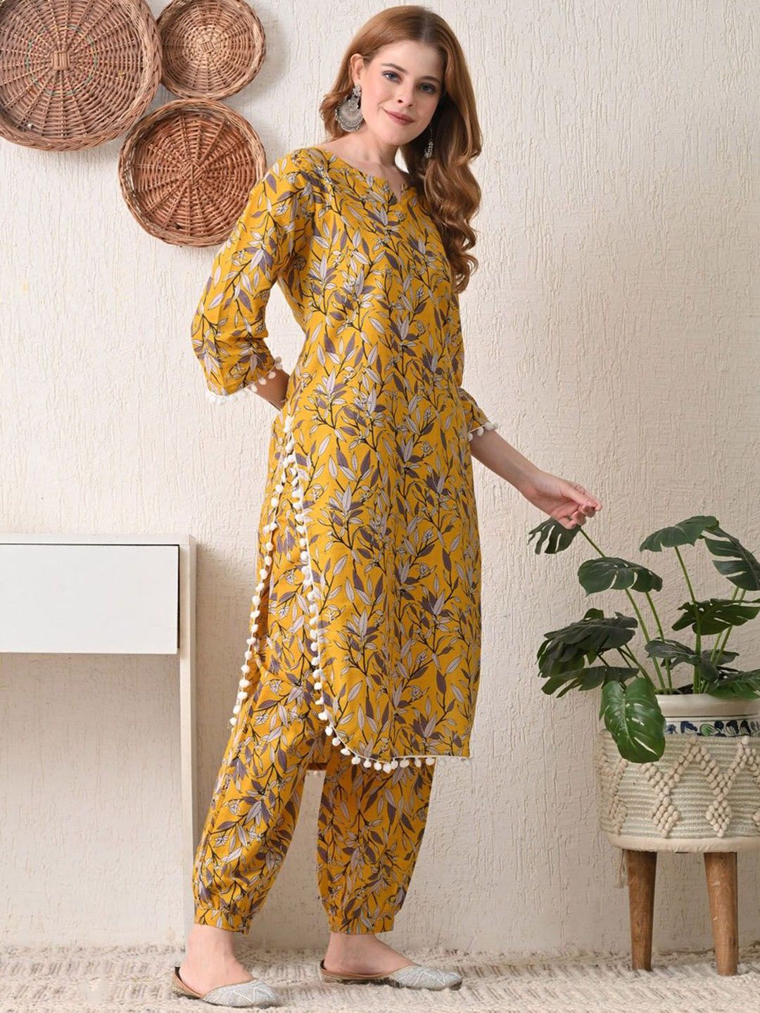 Floral Printed V-Neck Pure Cotton Straight Kurta With Salwar