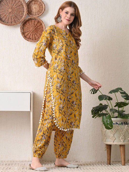 Floral Printed V-Neck Pure Cotton Straight Kurta With Salwar