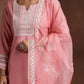 Floral Yoke Design Notch Neck Thread Work Straight Kurta With Trousers & Dupatta