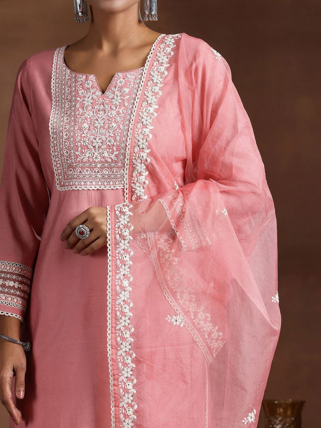 Floral Yoke Design Notch Neck Thread Work Straight Kurta With Trousers & Dupatta