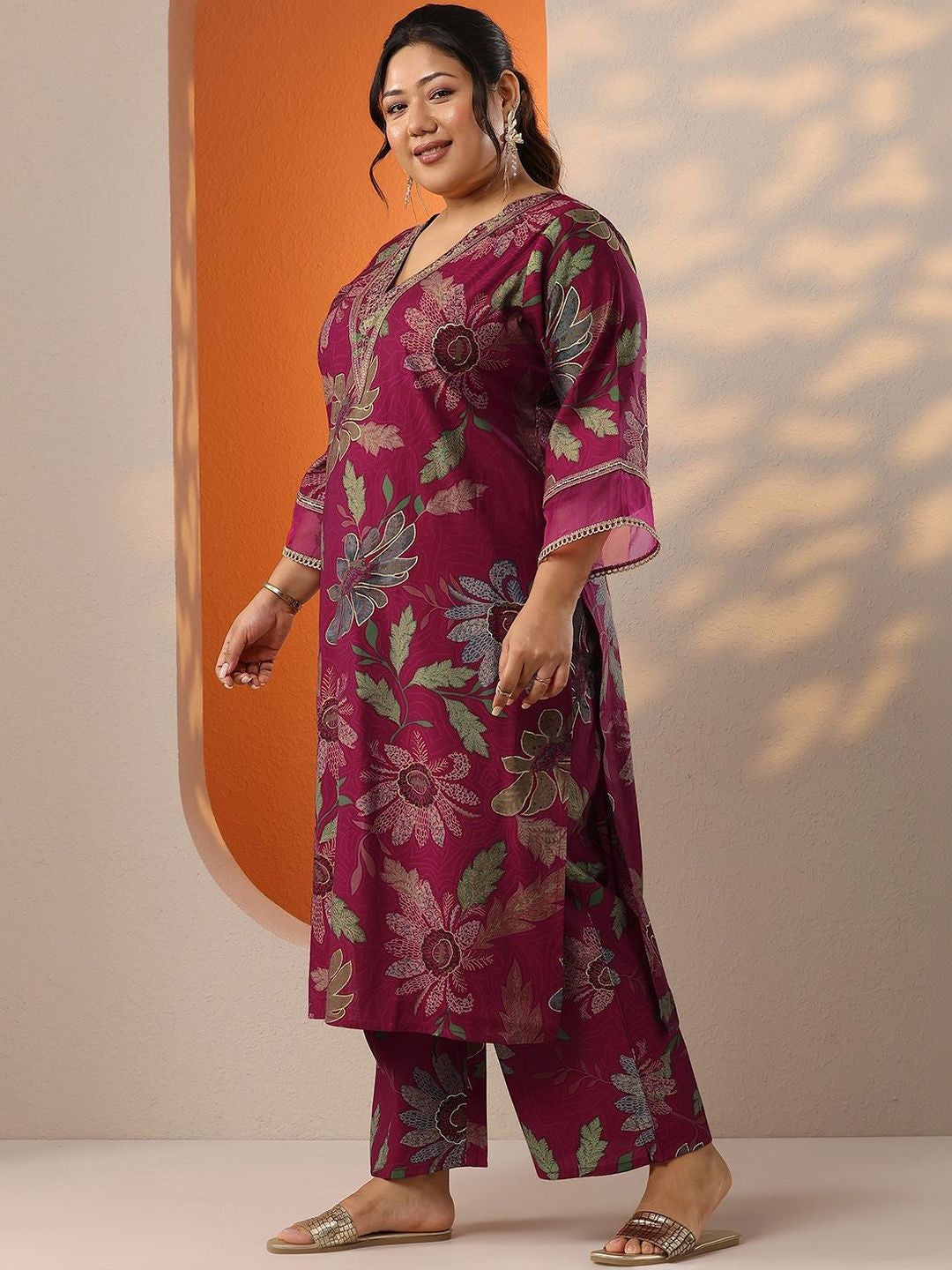Plus Size Floral Printed Regular Thread Work Kurta with Palazzos