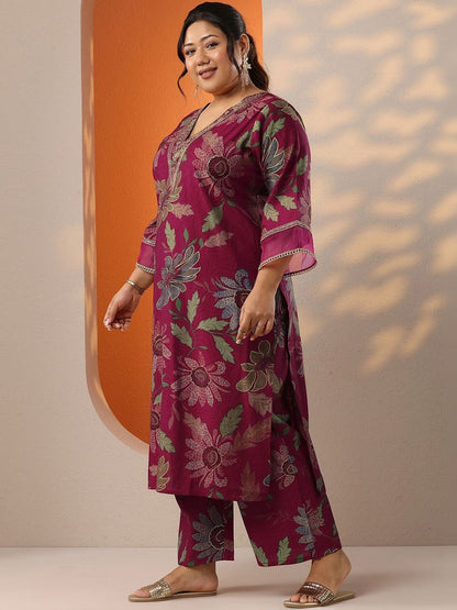 Plus Size Floral Printed Regular Thread Work Kurta with Palazzos