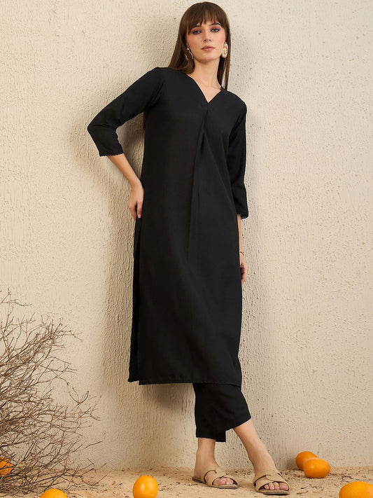 V Neck Pleated Straight Kurta With Trousers