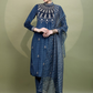 Women Teal Embroidered Knited Velvet Kurta with Trousers & Dupatta