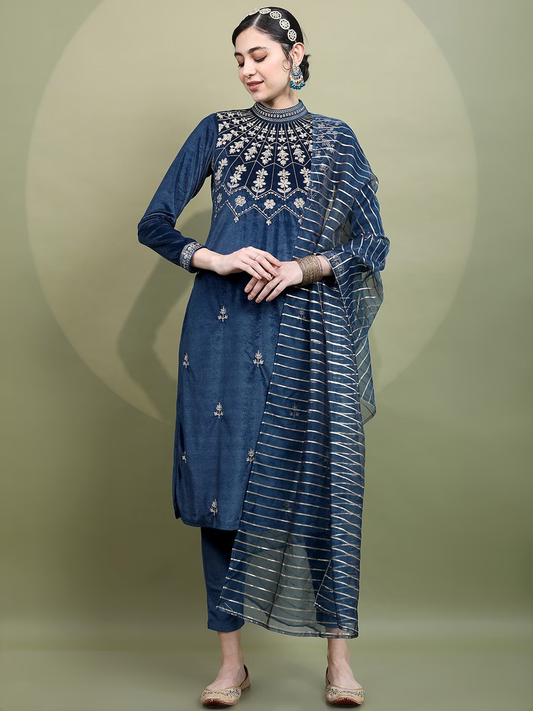 Women Teal Embroidered Knited Velvet Kurta with Trousers & Dupatta