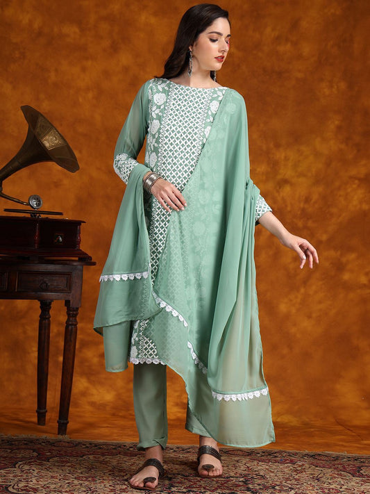 Women Ethnic Motifs Embroidered Regular Thread Work Kurta with Trousers & With Dupatta