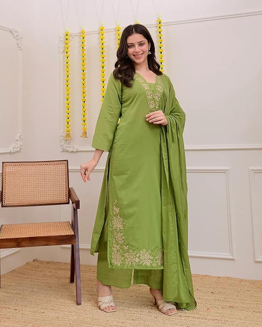 Women Solid Embroidery Kurta and pant set With Dupatta - Amy's Cart