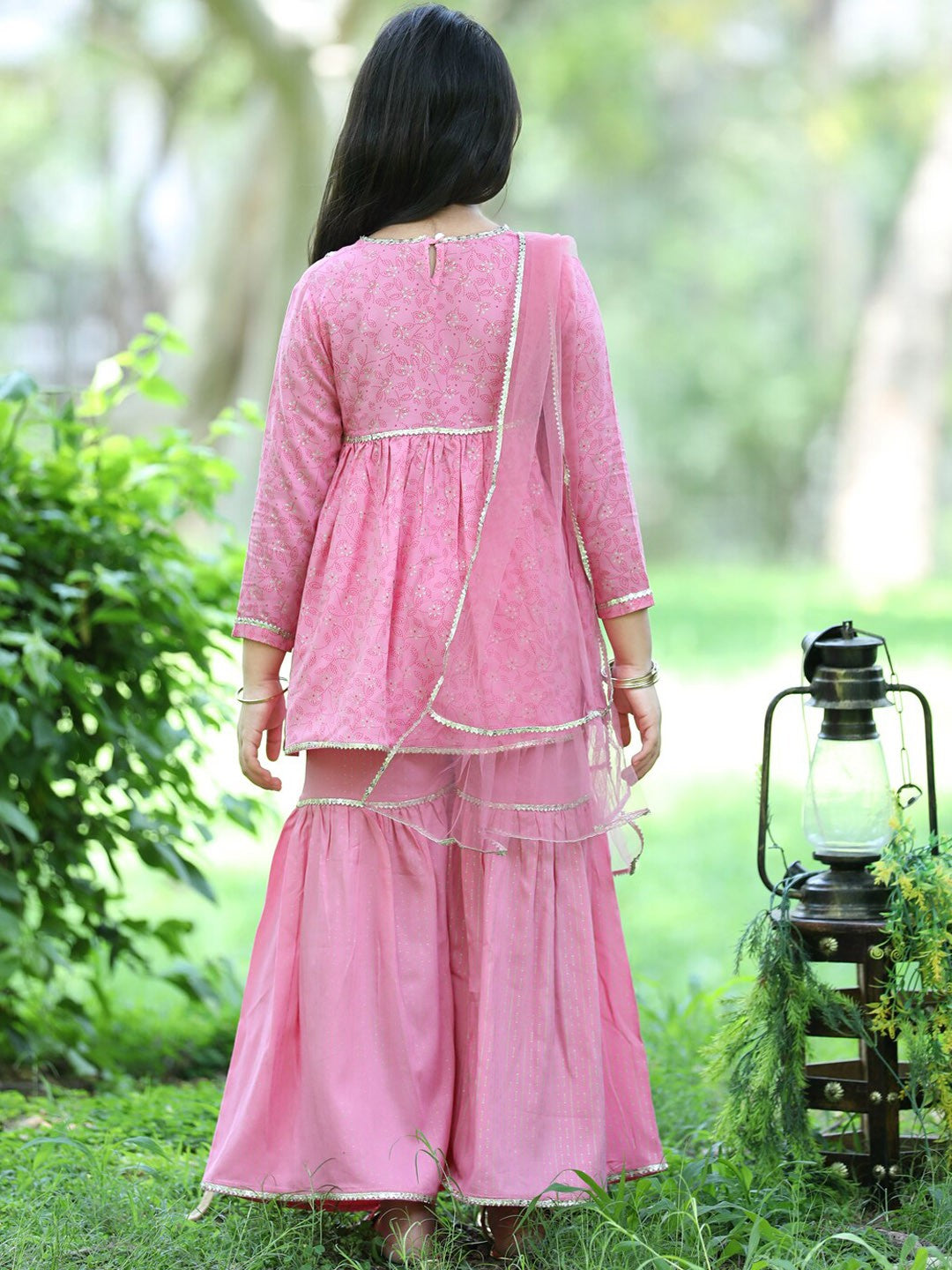 Girls Floral Motifs Printed Empire Gotta Patti Kurta & Sharara with Dupatta