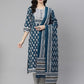 Women Blue & White Ethnic Motifs Print Pure Cotton Kurta with Trousers & Dupatta