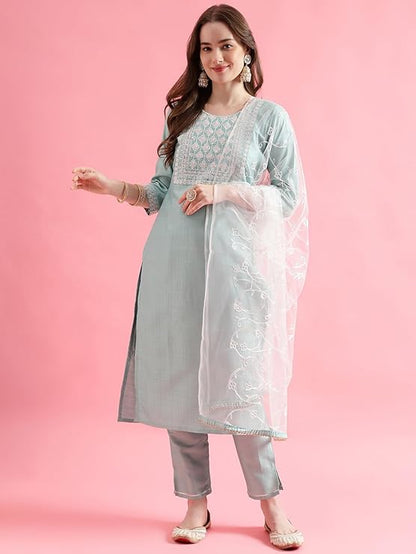 Women's Silk Blend Kurta Pant Set with Net Embroidery Dupatta
