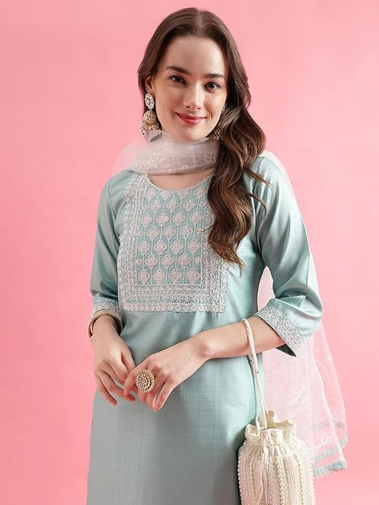 Women's Silk Blend Kurta Pant Set with Net Embroidery Dupatta