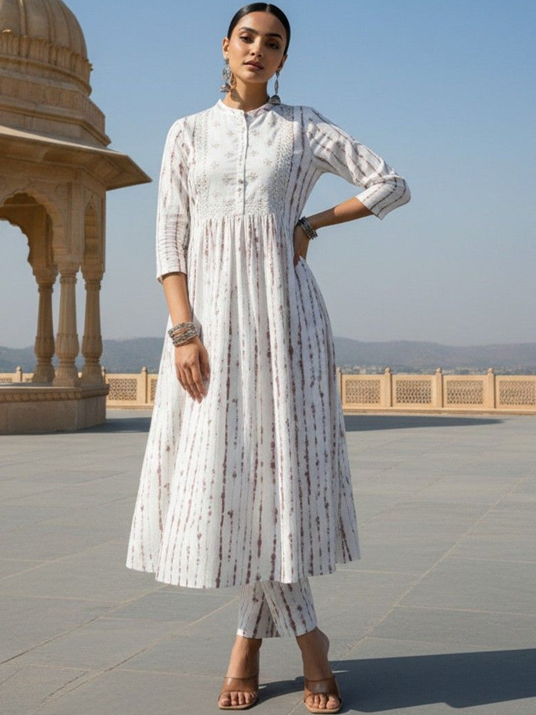 Women Dyed Pleated Mirror Work Pure Cotton Kurti with Trousers