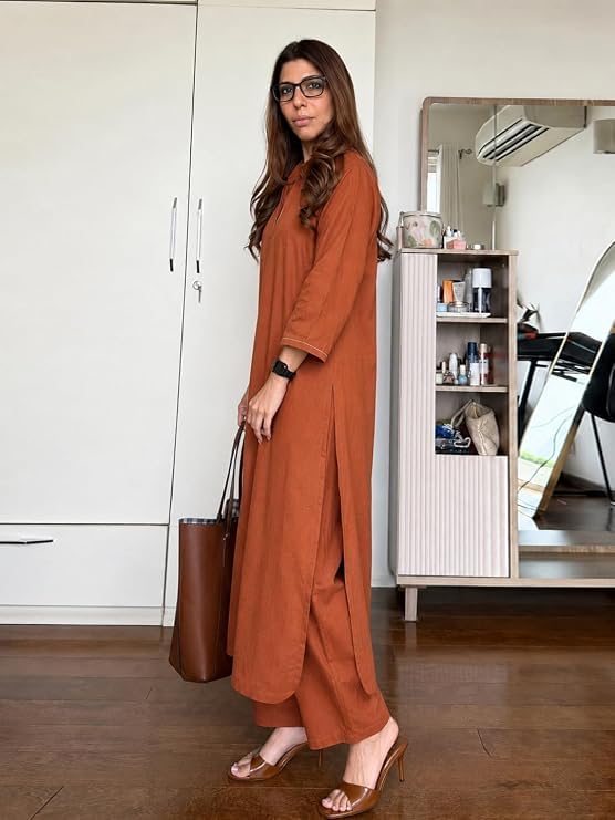 Cotton Blend Rust Shirt Collar Ethnic Wear