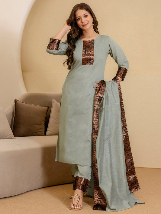 Women Woven Design Regular Kurta with Trousers & Dupatta