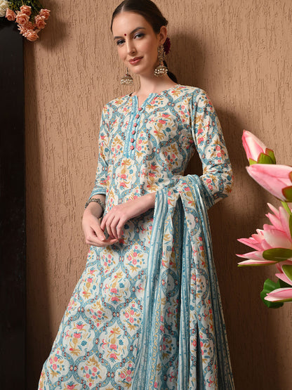 Women Floral Printed Regular Pure Cotton Kurta with Trousers & With Dupatta