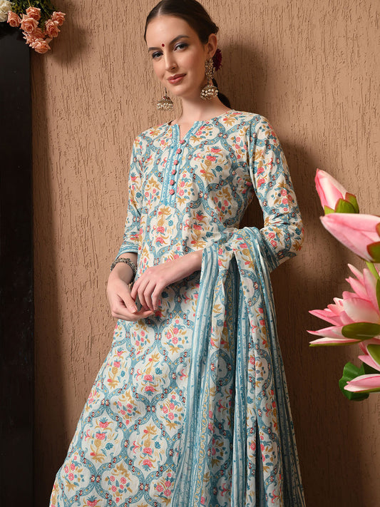 Women Floral Printed Regular Pure Cotton Kurta with Trousers & With Dupatta