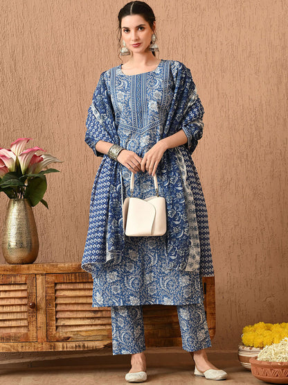 Women Floral Printed Regular Pure Cotton Kurta with Trousers & With Dupatta - Amy's Cart