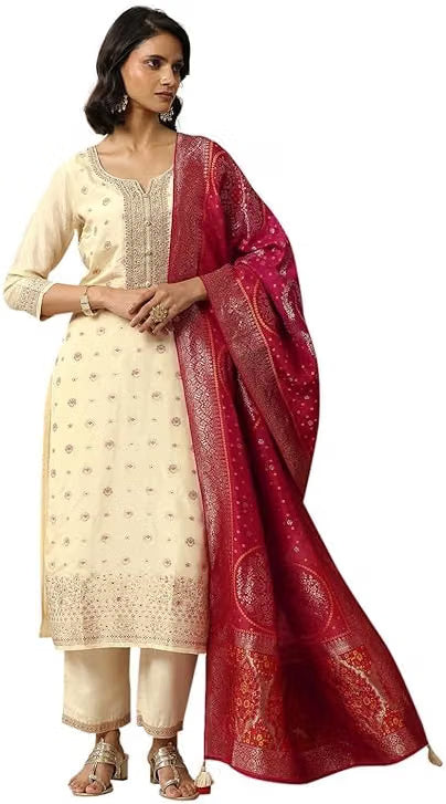 Woven Design Silk Blend Straight Kurta With Trouser and Dupatta