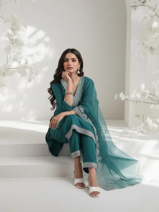 Women Silk Blend Kurta Pant Dupatta Set