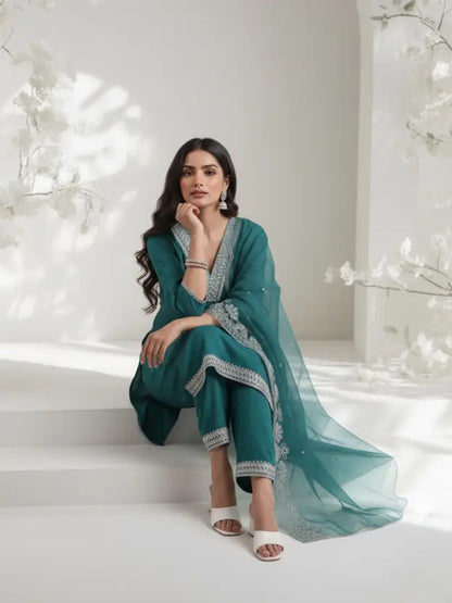 Women Silk Blend Kurta Pant Dupatta Set