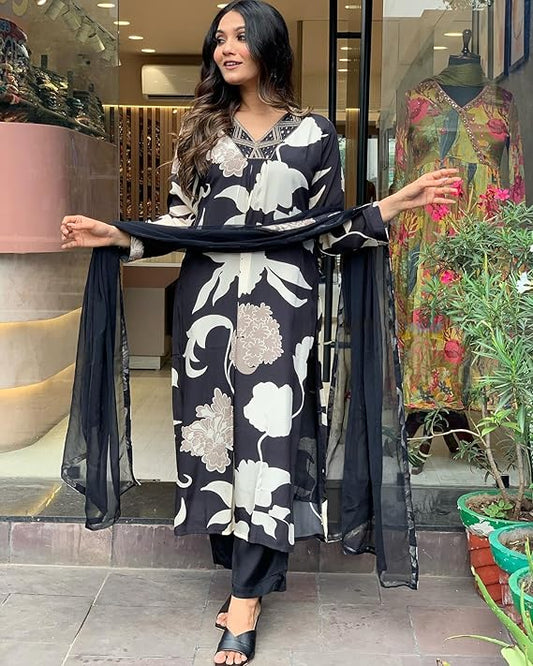 Women's Rayon Blend Straight Printed Kurta with Pant & Dupatta