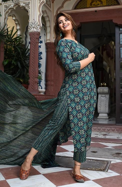 Women Printed Cotton Blend Straight Kurta Pant Dupatta Set - Amy's Cart