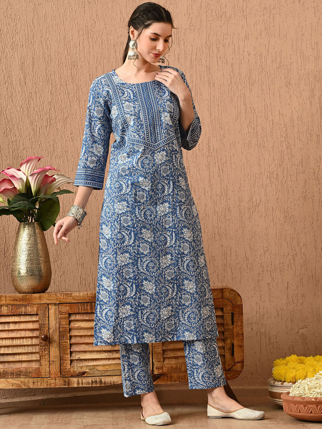 Women Floral Printed Regular Pure Cotton Kurta with Trousers & With Dupatta - Amy's Cart