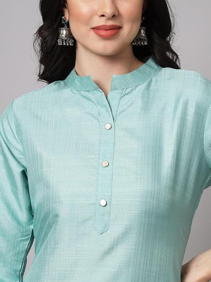 Women's Cotton Silk Blend Straight Kurta with Trouser Pant & Banarasi Silk Dupatta