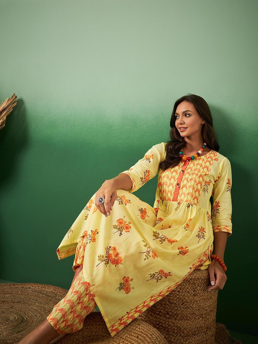 Floral Printed Pleated Straight Organic Cotton Kurta With Trousers