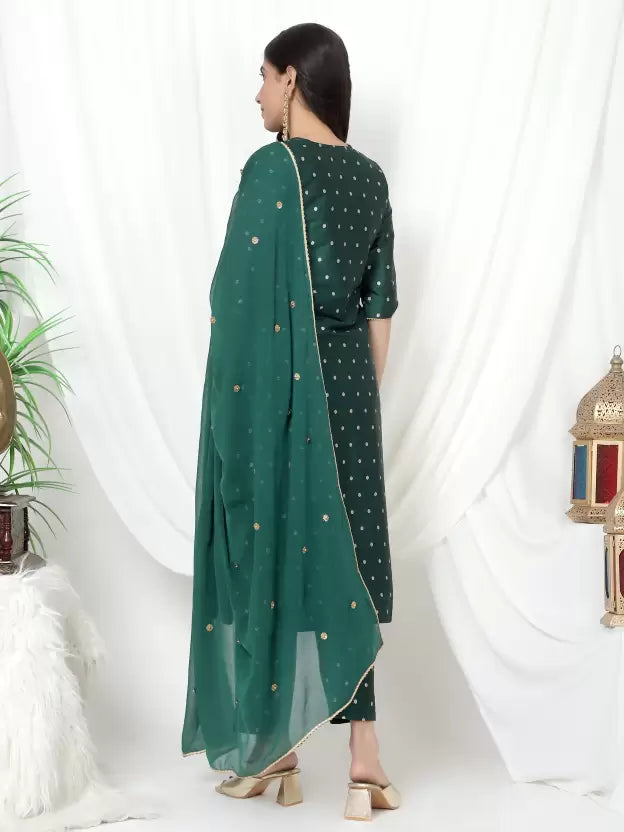 Women Green Silk Blend Kurta Pant Dupatta Set