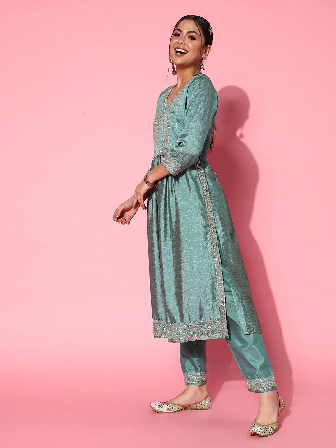 Women Blue Ethnic Motifs Embroidered Sequinned Kurta With Trousers & Dupatta